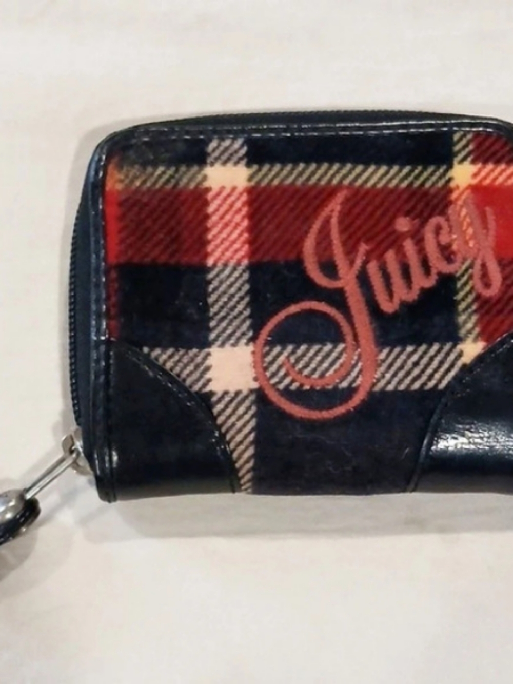 Y2K Juicy Couture red and black velour plaid zip-around wallet